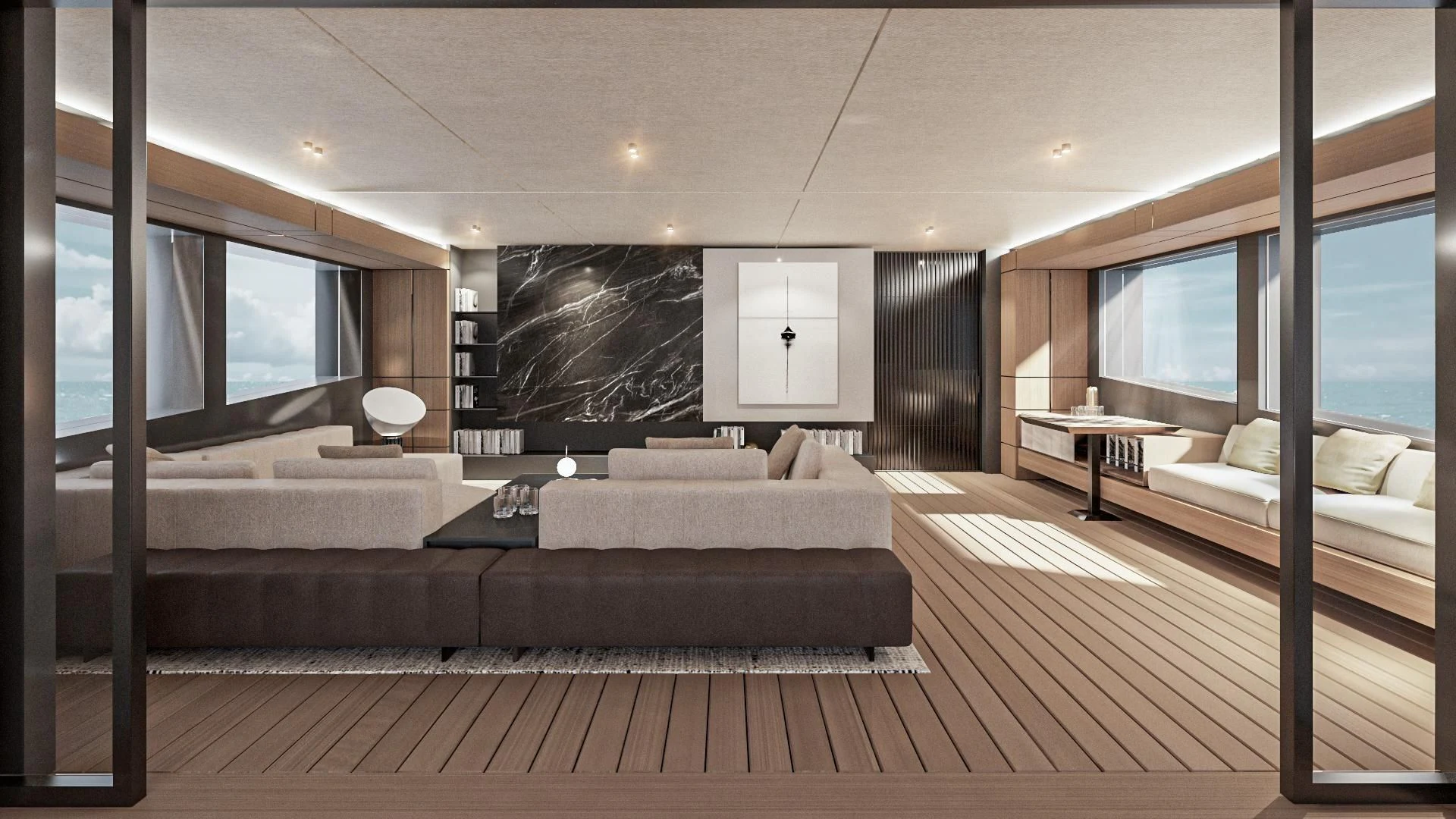 a large living room with a large screen aboard EXTRA TIME Yacht for Sale