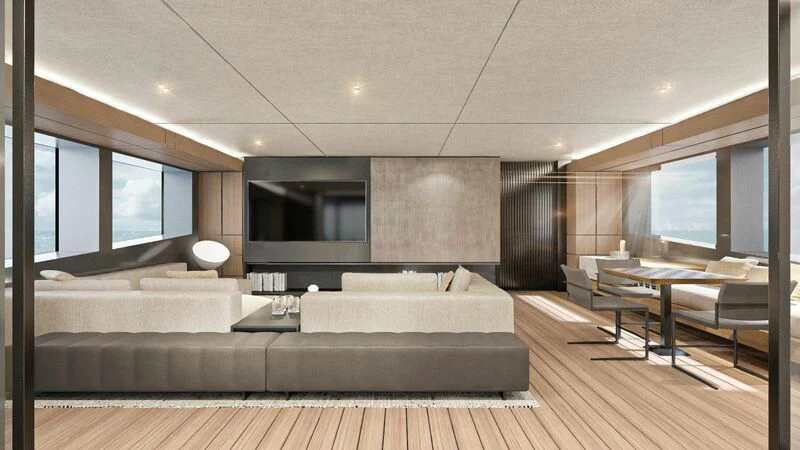 a large living room with a large window aboard EXTRA TIME Yacht for Sale