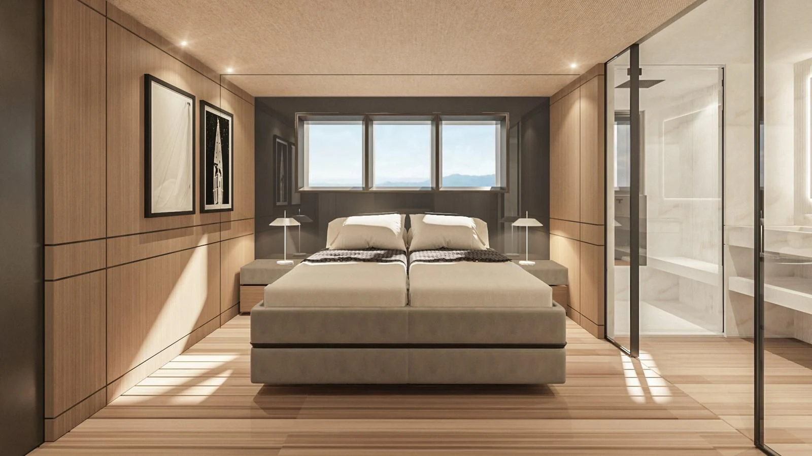 a bed in a room aboard EXTRA TIME Yacht for Sale