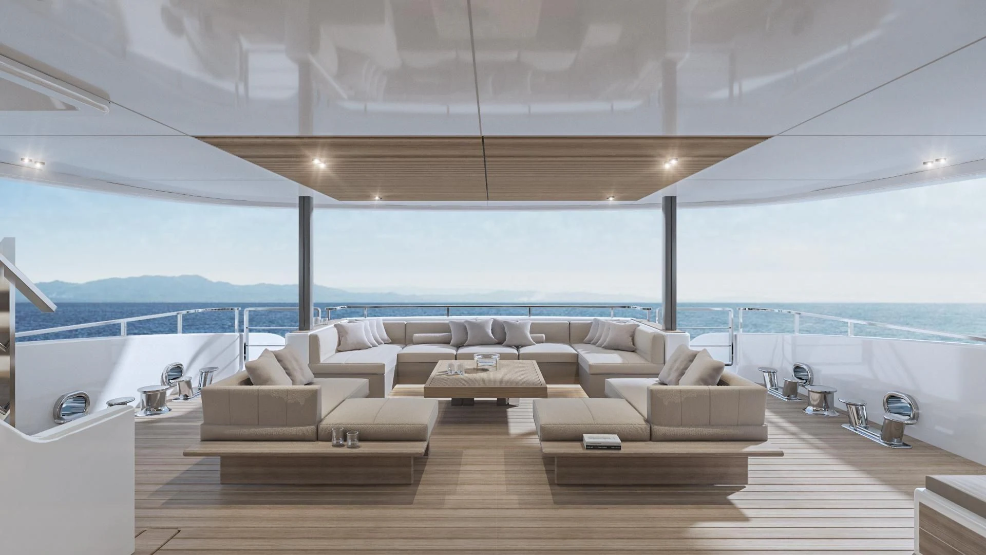 a large living room with a large body of water aboard EXTRA TIME Yacht for Sale