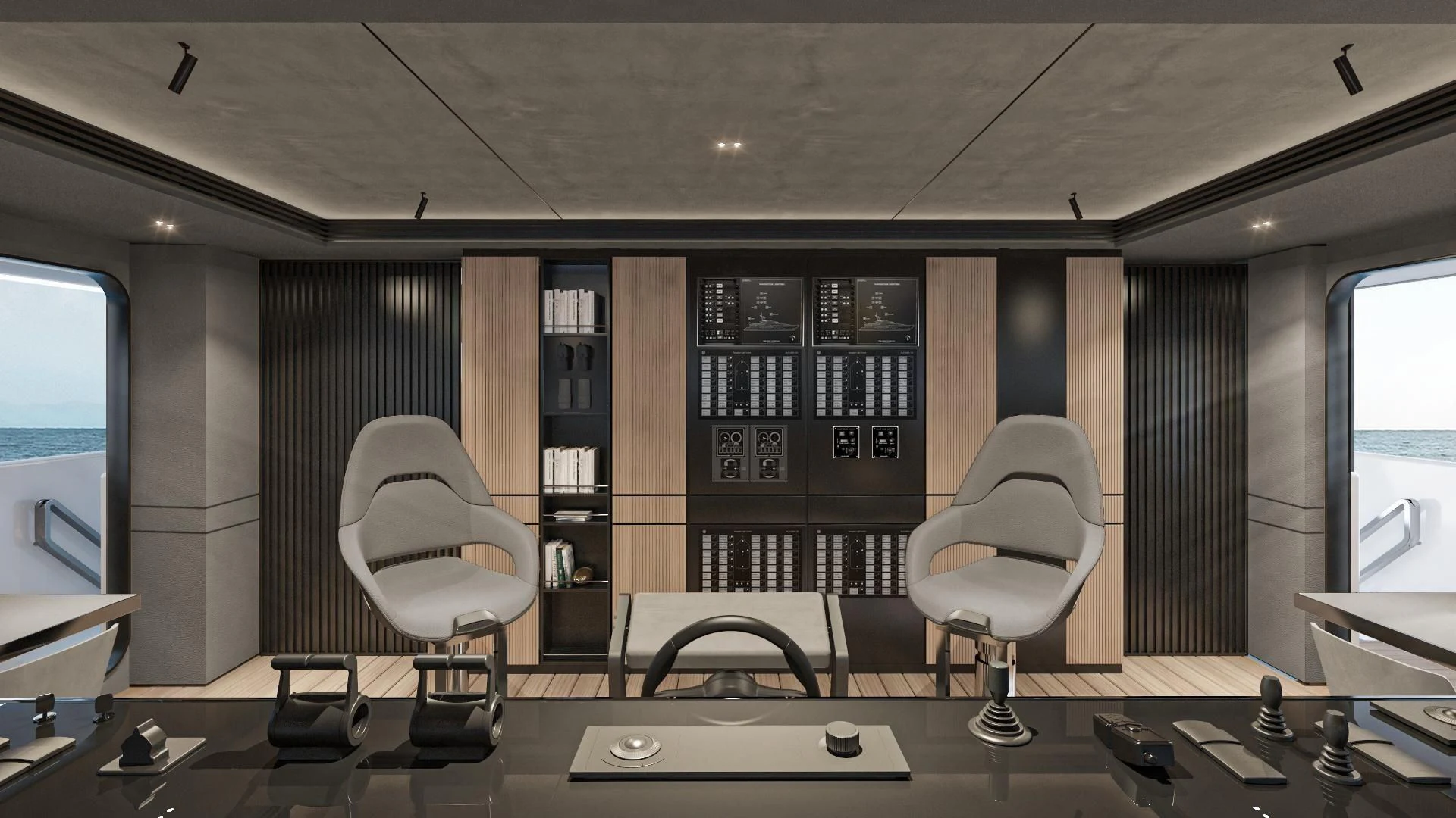 a room with a table chairs and a window aboard EXTRA TIME Yacht for Sale