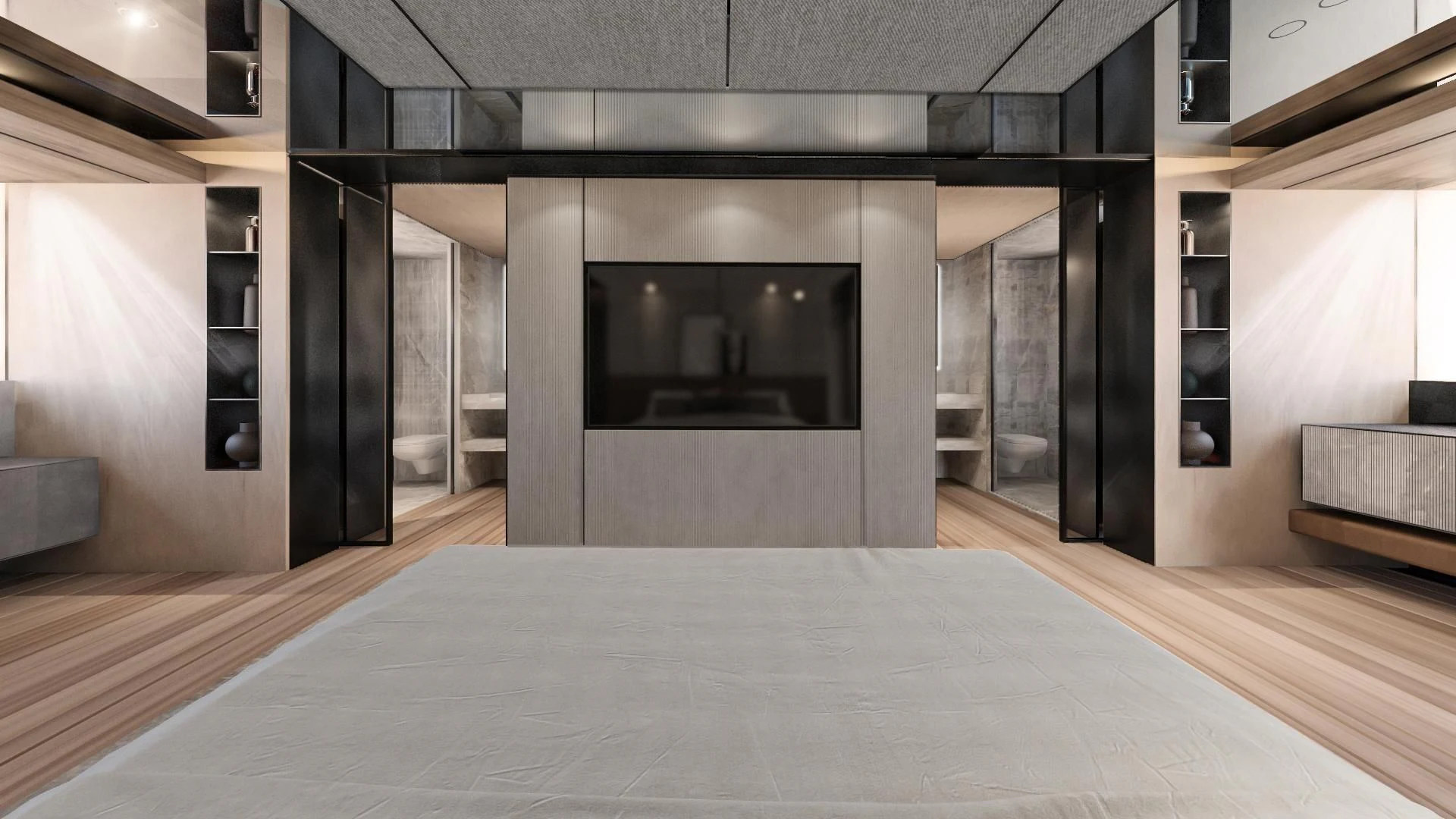 a large room with a fireplace aboard EXTRA TIME Yacht for Sale