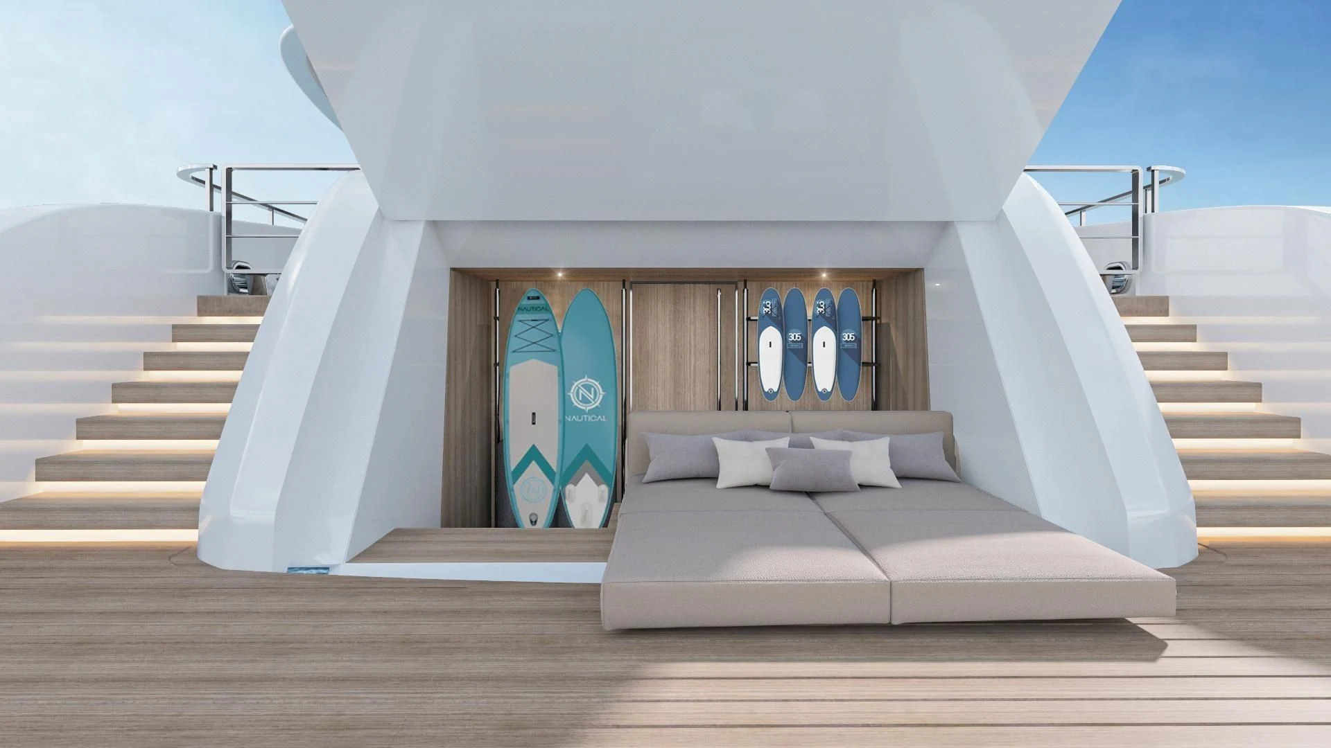 a white house with a blue door aboard EXTRA TIME Yacht for Sale