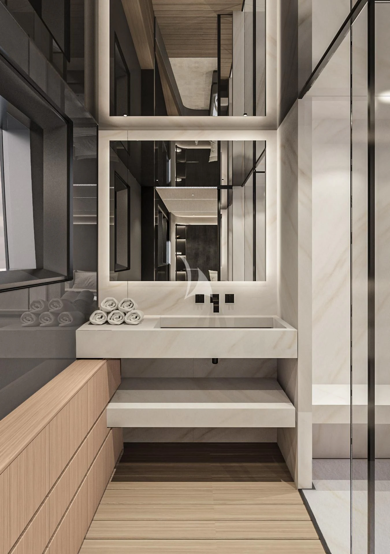 a bathroom with a large mirror aboard EXTRA TIME Yacht for Sale
