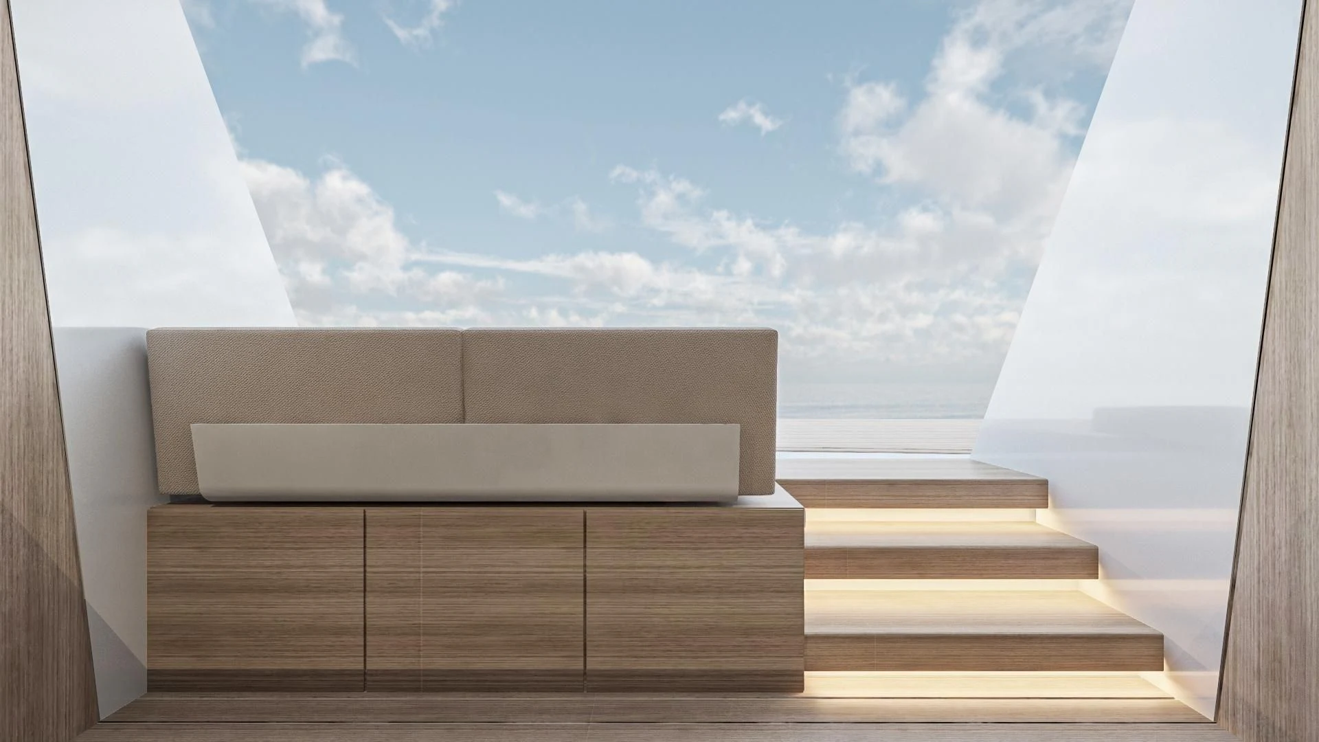 a room with a wood floor and a view of the sky aboard EXTRA TIME Yacht for Sale