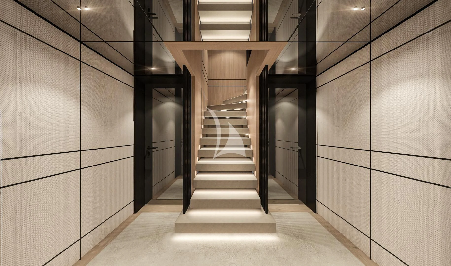 a hallway with a set of doors aboard EXTRA TIME Yacht for Sale