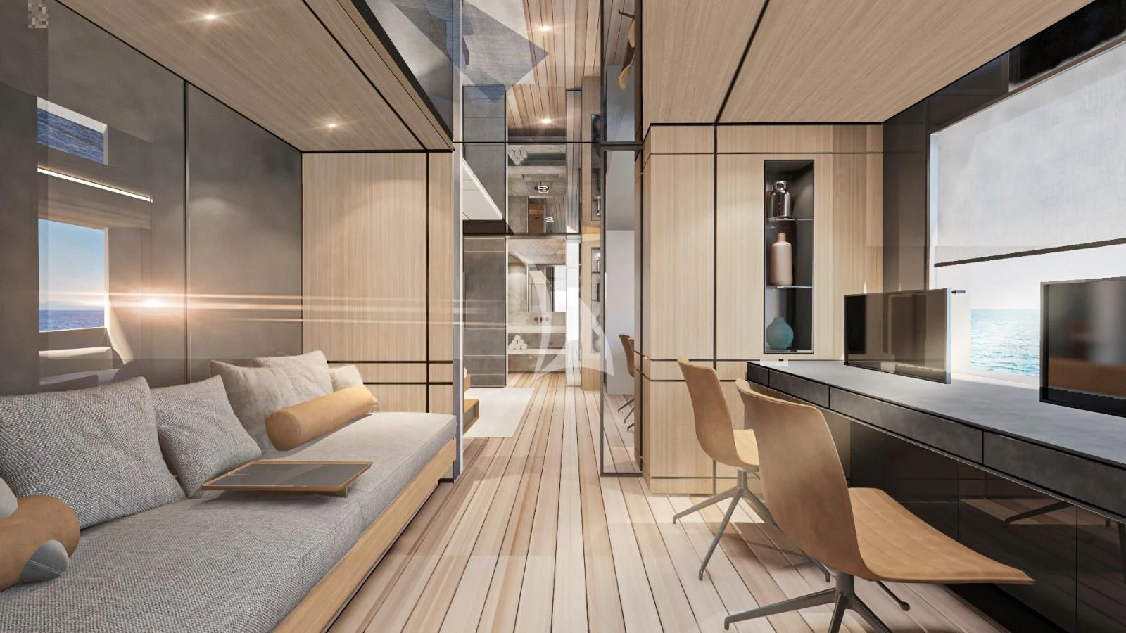 a room with a couch and a tv aboard EXTRA TIME Yacht for Sale