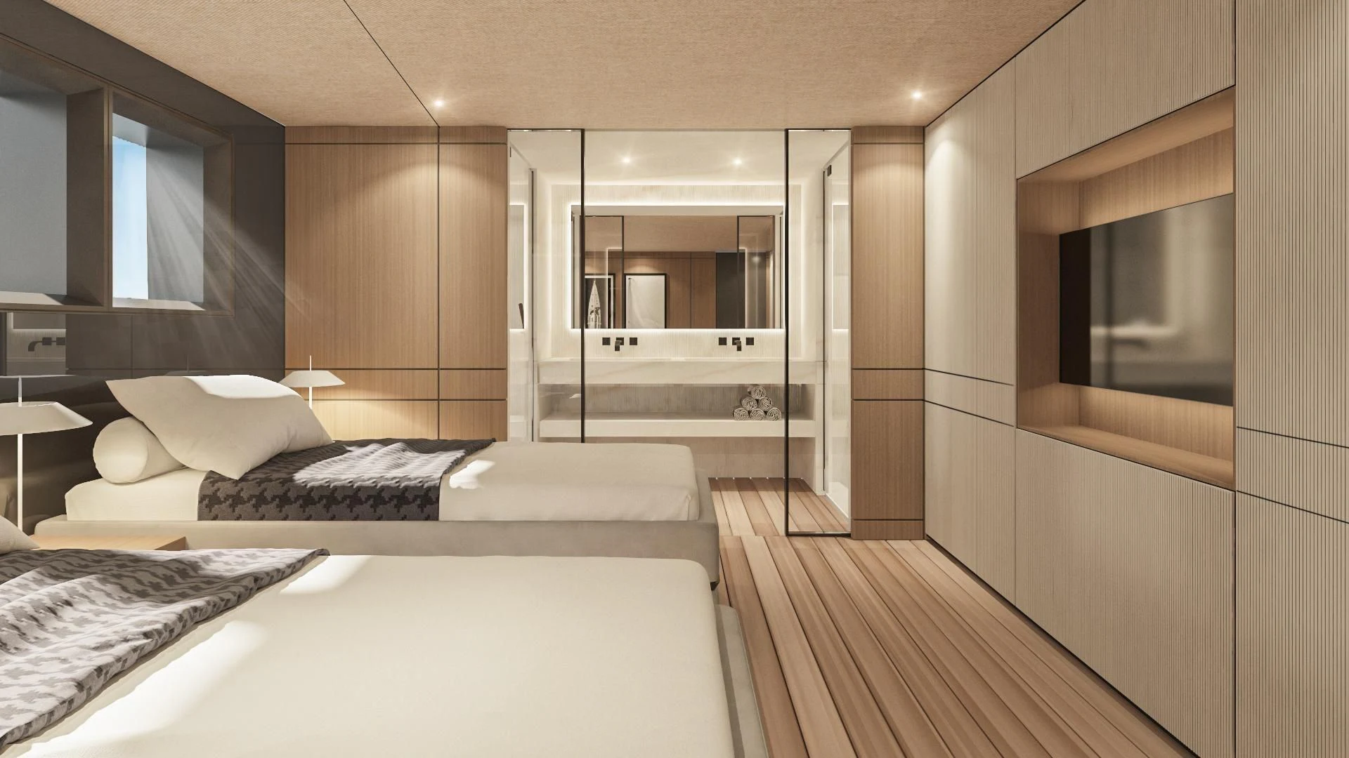 a room with a bed and a mirror aboard EXTRA TIME Yacht for Sale