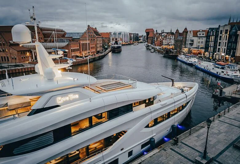 a group of boats in a harbor aboard EXTRA TIME Yacht for Sale