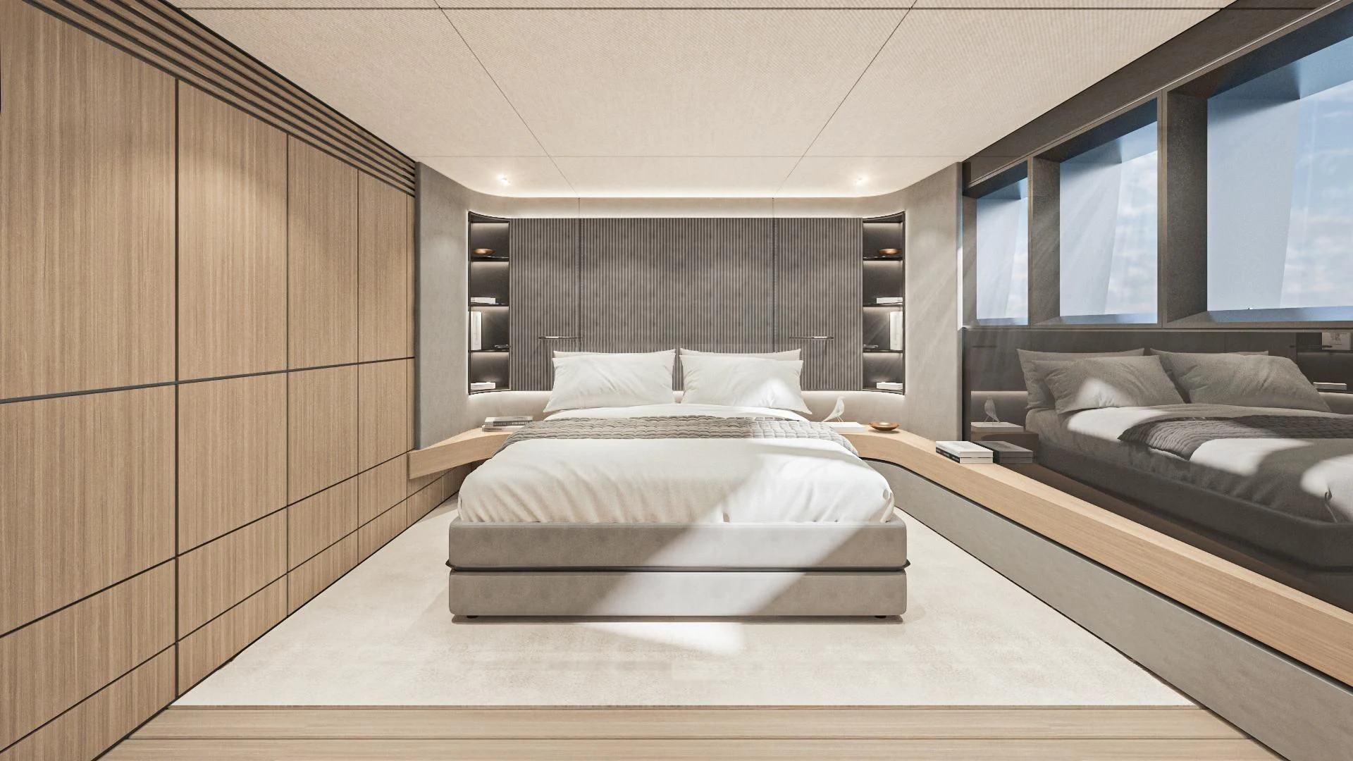 a room with a bed and a desk aboard EXTRA TIME Yacht for Sale