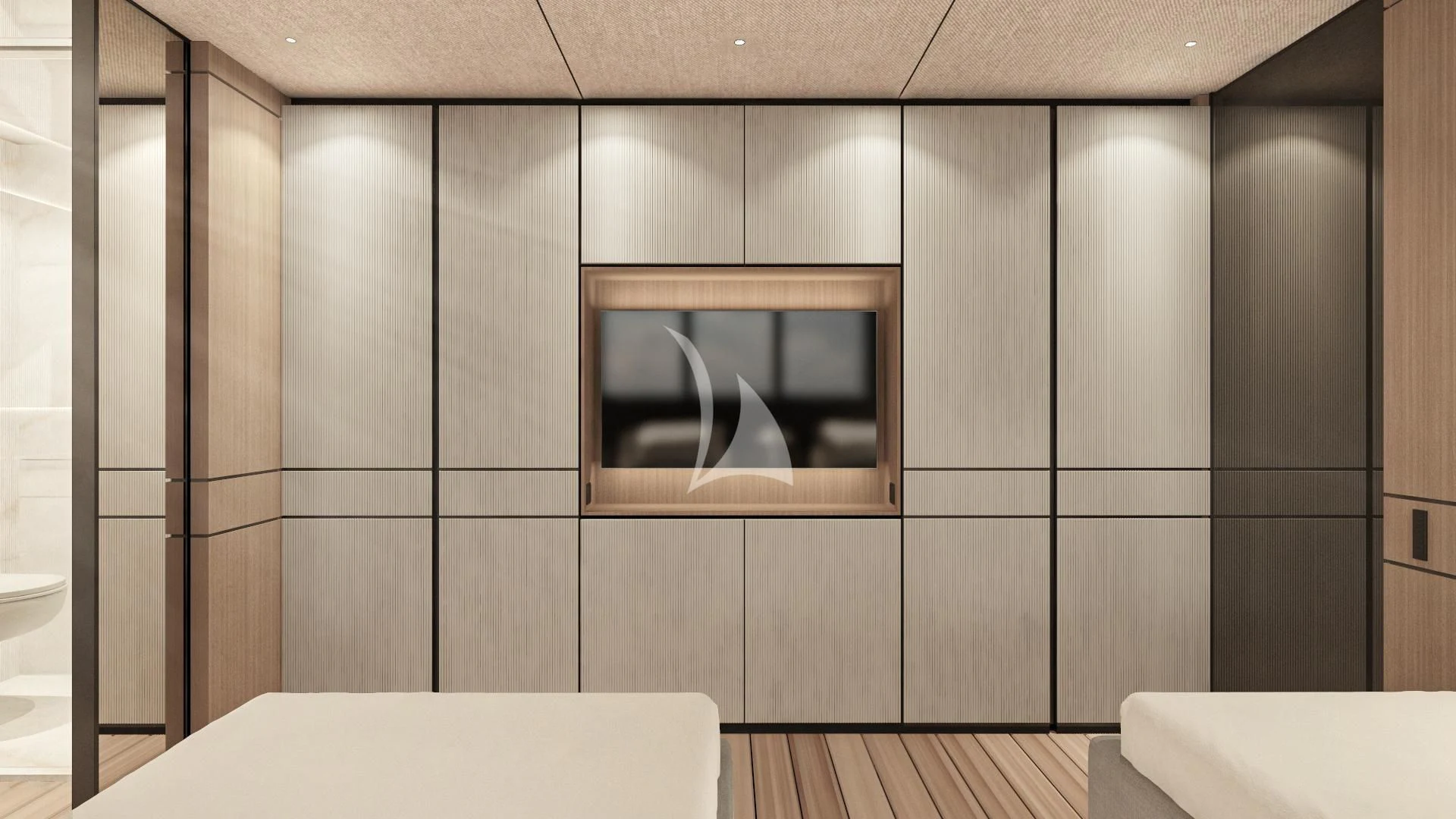 a room with a table and a window aboard EXTRA TIME Yacht for Sale