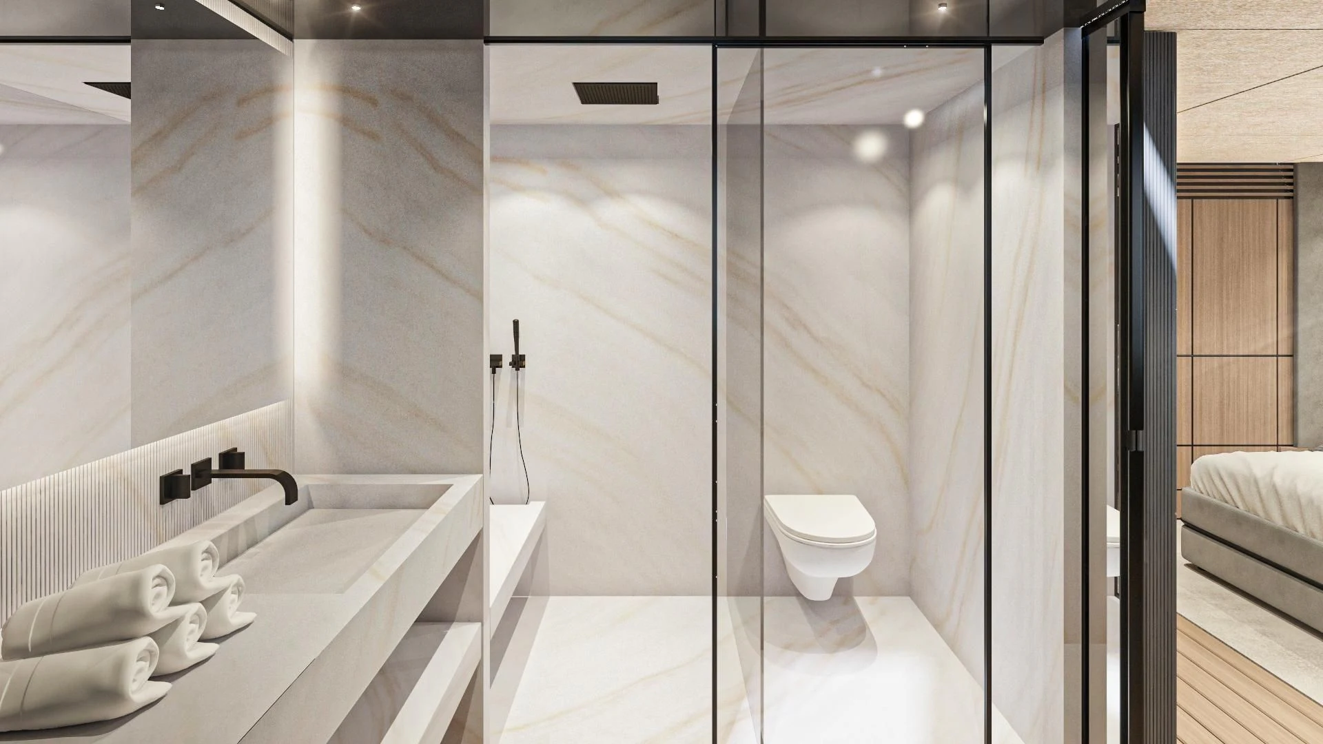 a bathroom with a glass shower aboard EXTRA TIME Yacht for Sale