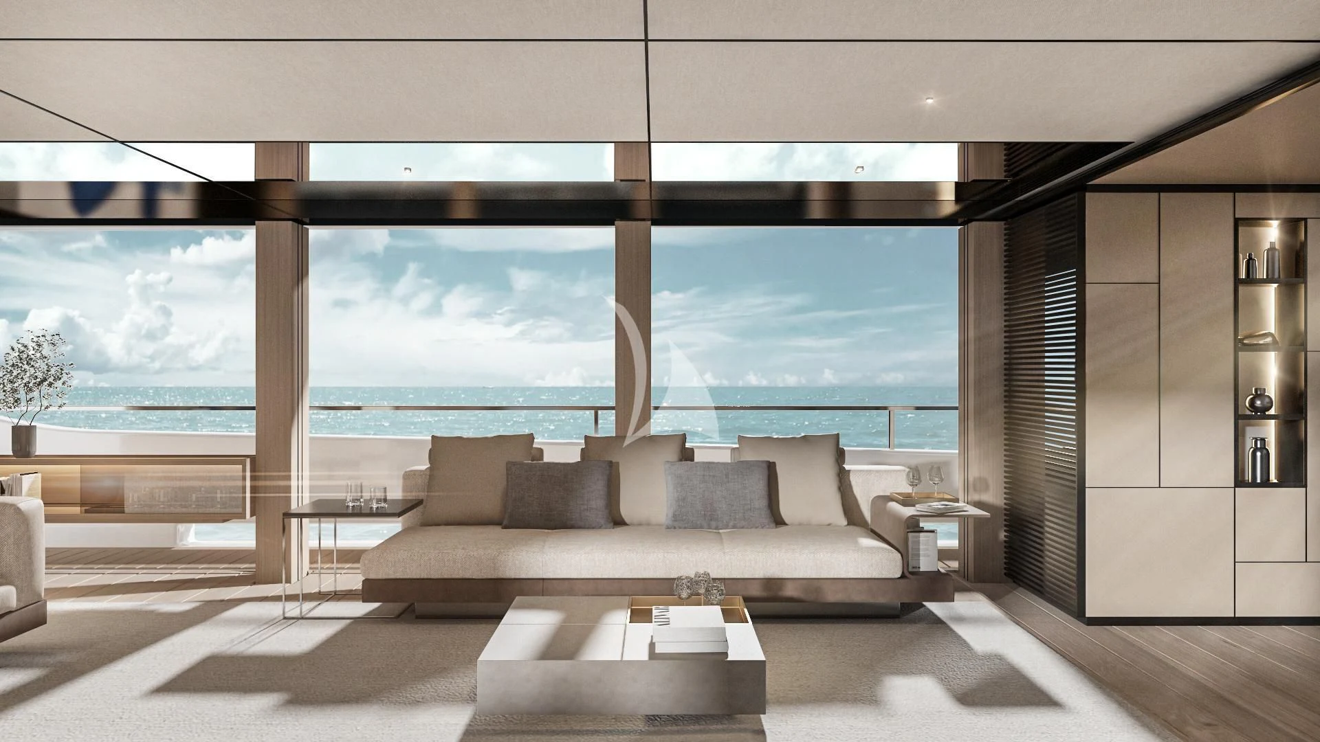 a room with a couch and a table aboard EXTRA TIME Yacht for Sale