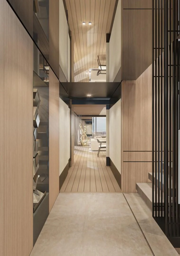 a hallway with a glass door aboard EXTRA TIME Yacht for Sale
