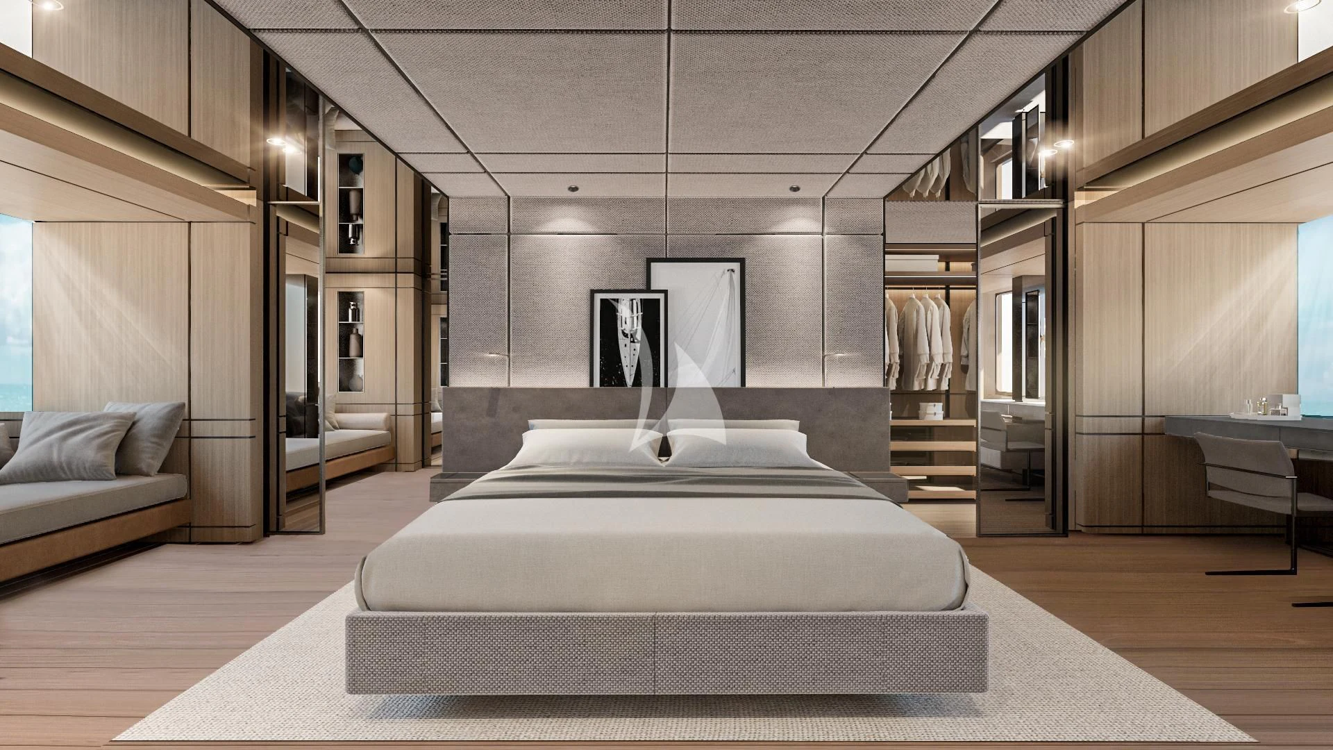 a room with a bed and a couch aboard EXTRA TIME Yacht for Sale