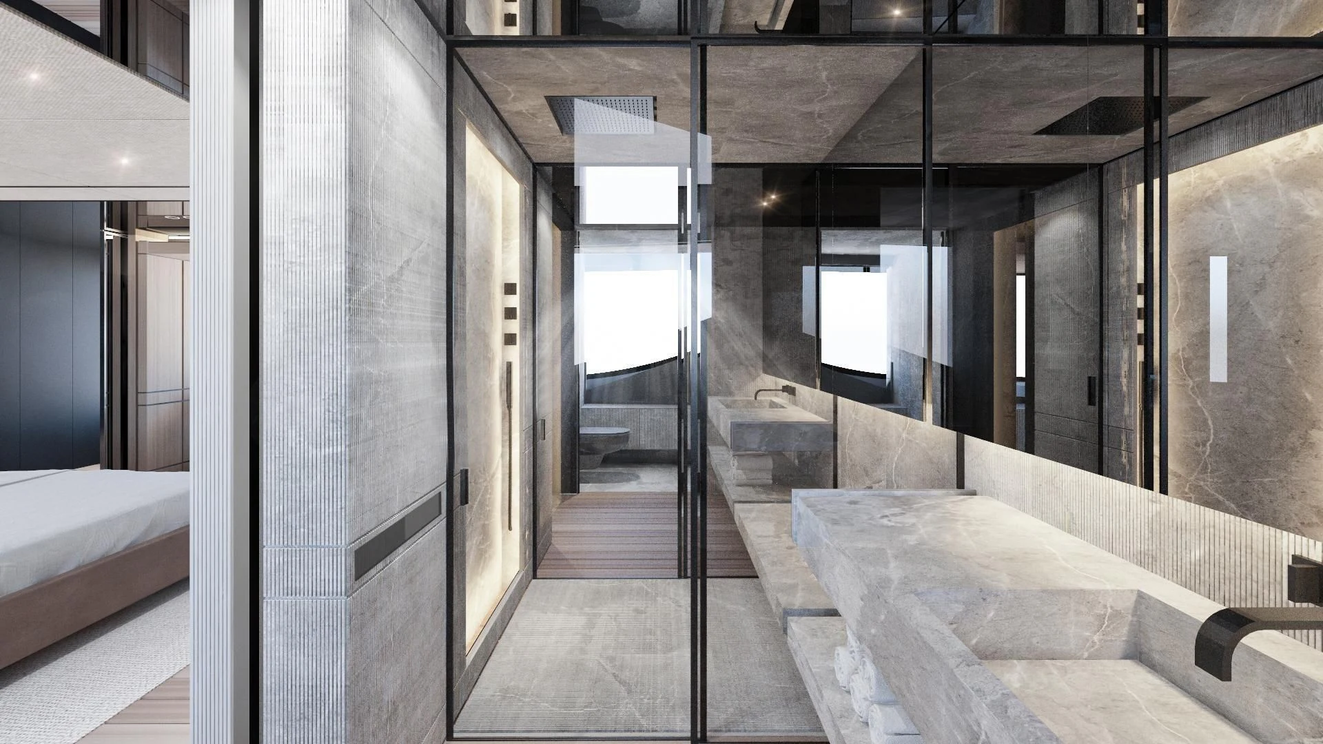 a hallway with a glass door aboard EXTRA TIME Yacht for Sale