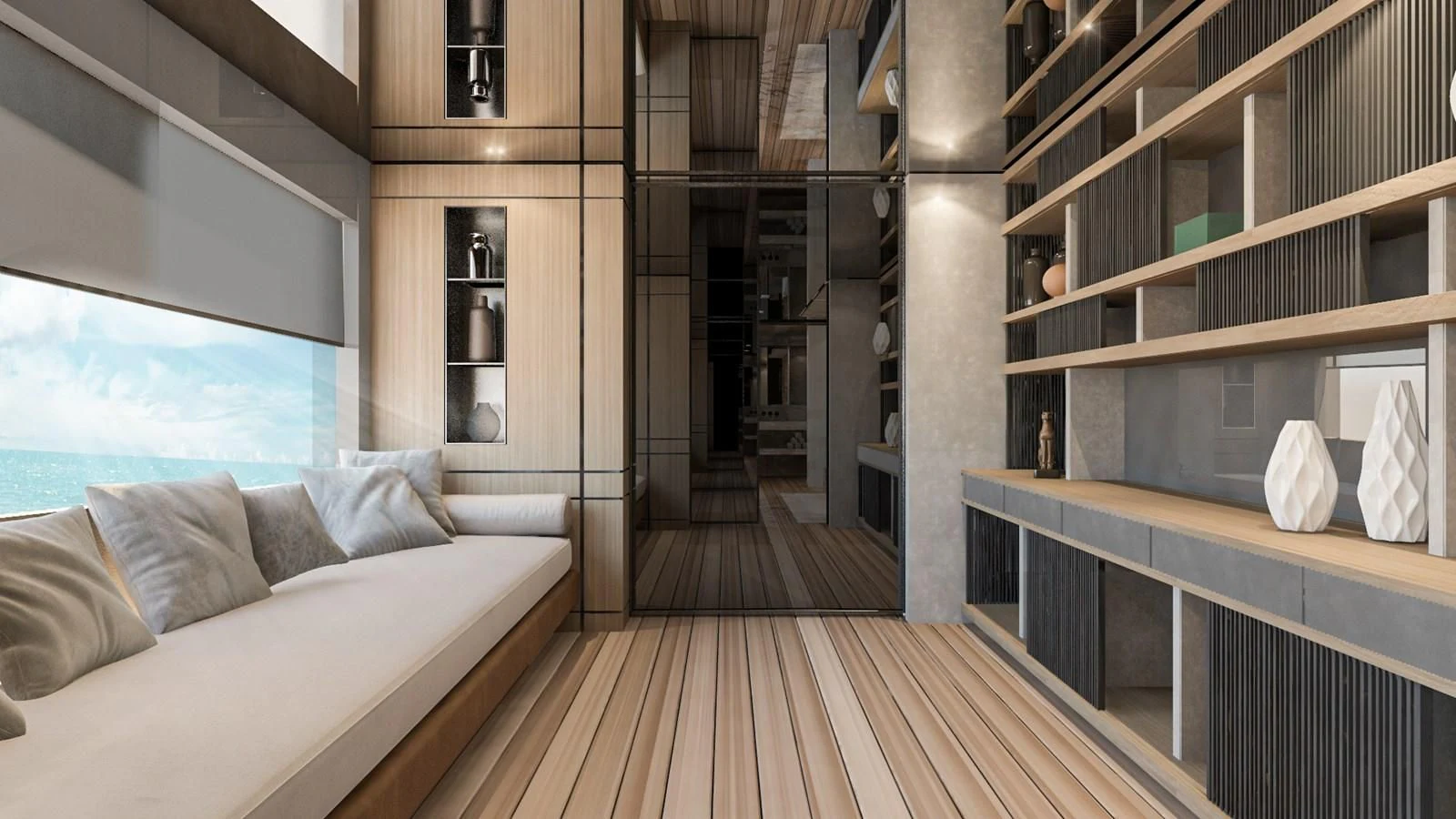 a room with a bed and a bookcase aboard EXTRA TIME Yacht for Sale