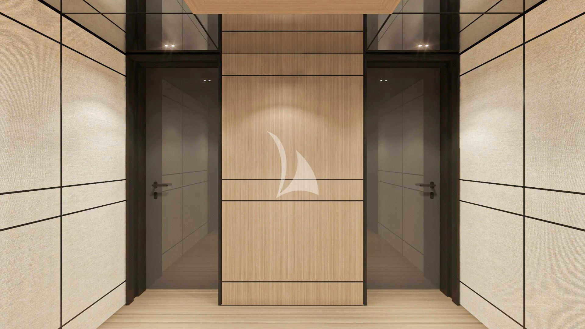 a room with a door and a glass wall aboard EXTRA TIME Yacht for Sale