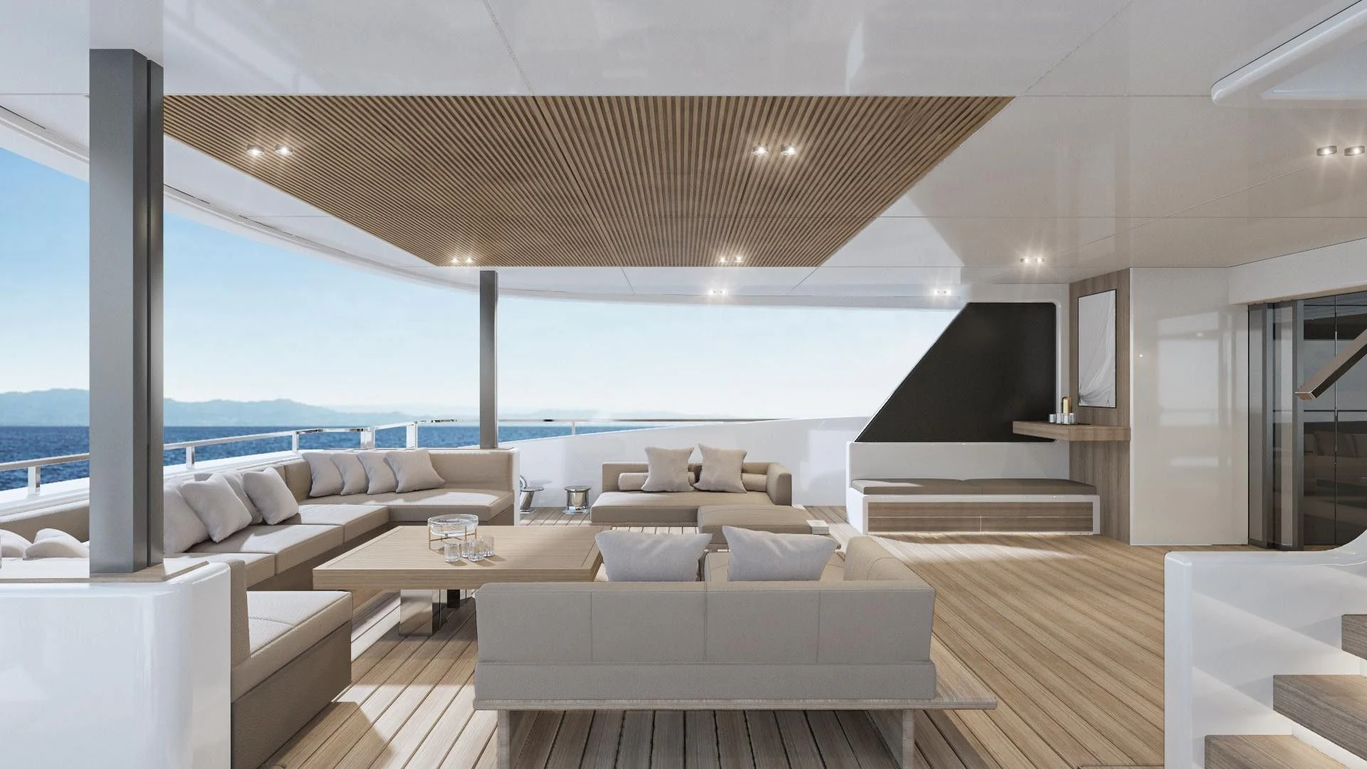 a living room with a large window aboard EXTRA TIME Yacht for Sale