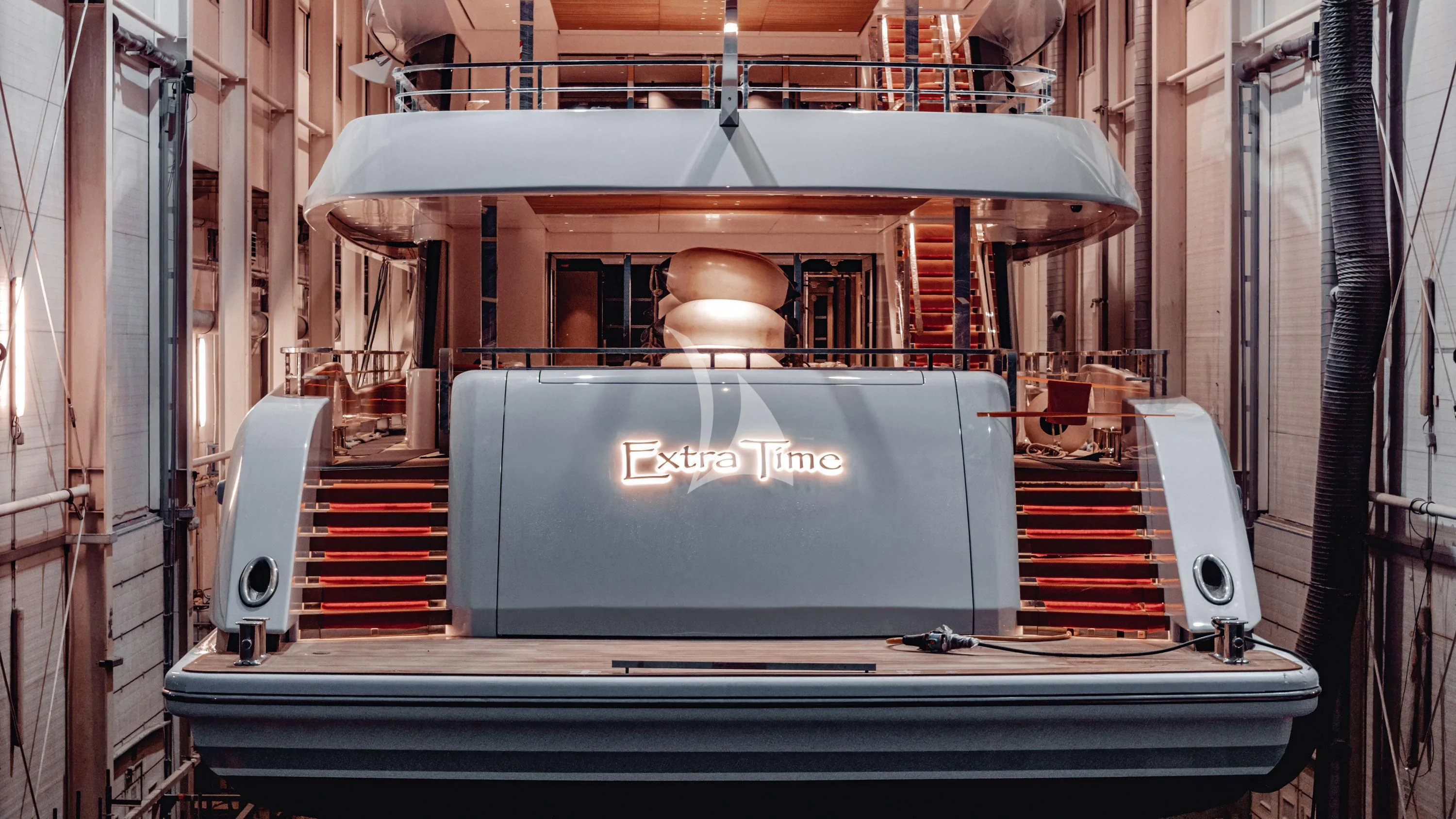 a large stage with a podium aboard EXTRA TIME Yacht for Sale