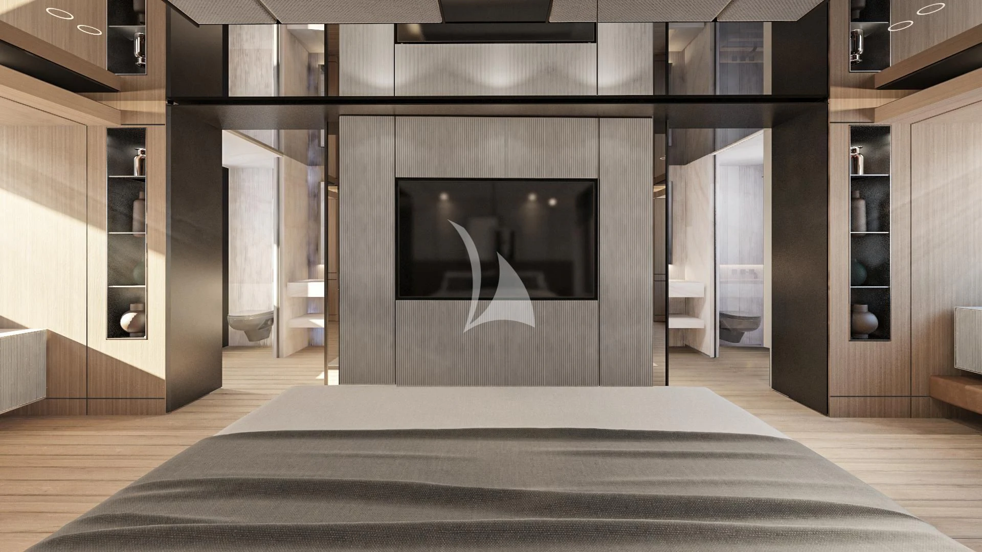 a room with a fireplace aboard EXTRA TIME Yacht for Sale