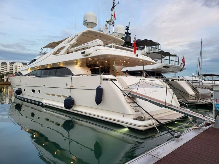 a large white boat docked aboard EAGLE WINGS 3 Yacht for Sale