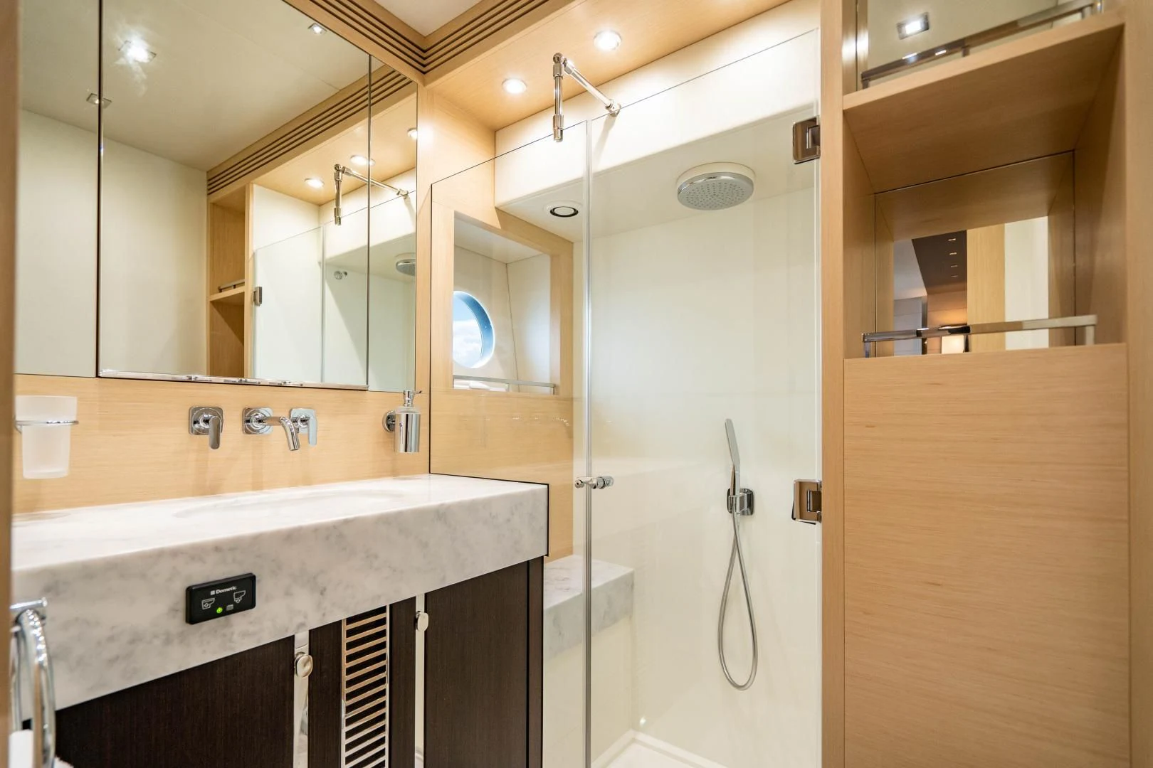 a bathroom with a shower unit and sink aboard SUBMARINO Yacht for Sale