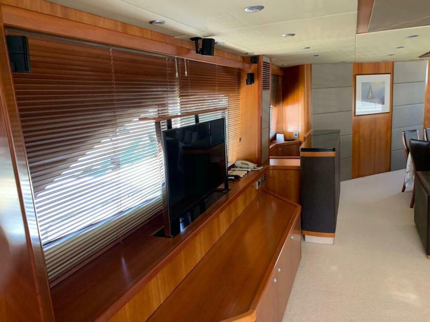 a room with a large window aboard JULCAN II Yacht for Sale
