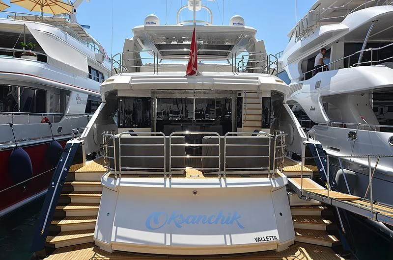 a boat with a person on the deck aboard OKSANCHIK Yacht for Charter