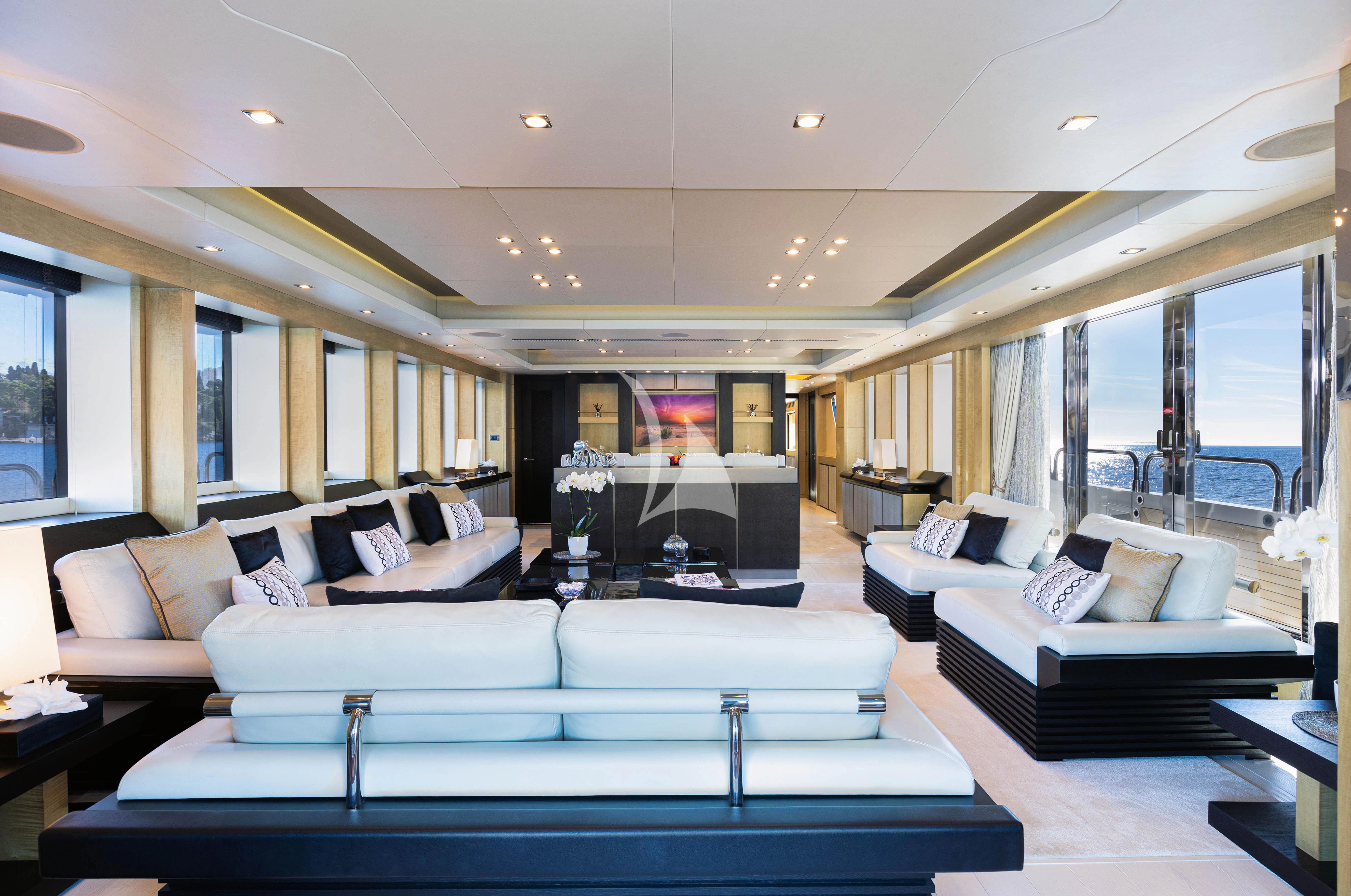 a living room with a large window aboard OKSANCHIK Yacht for Charter