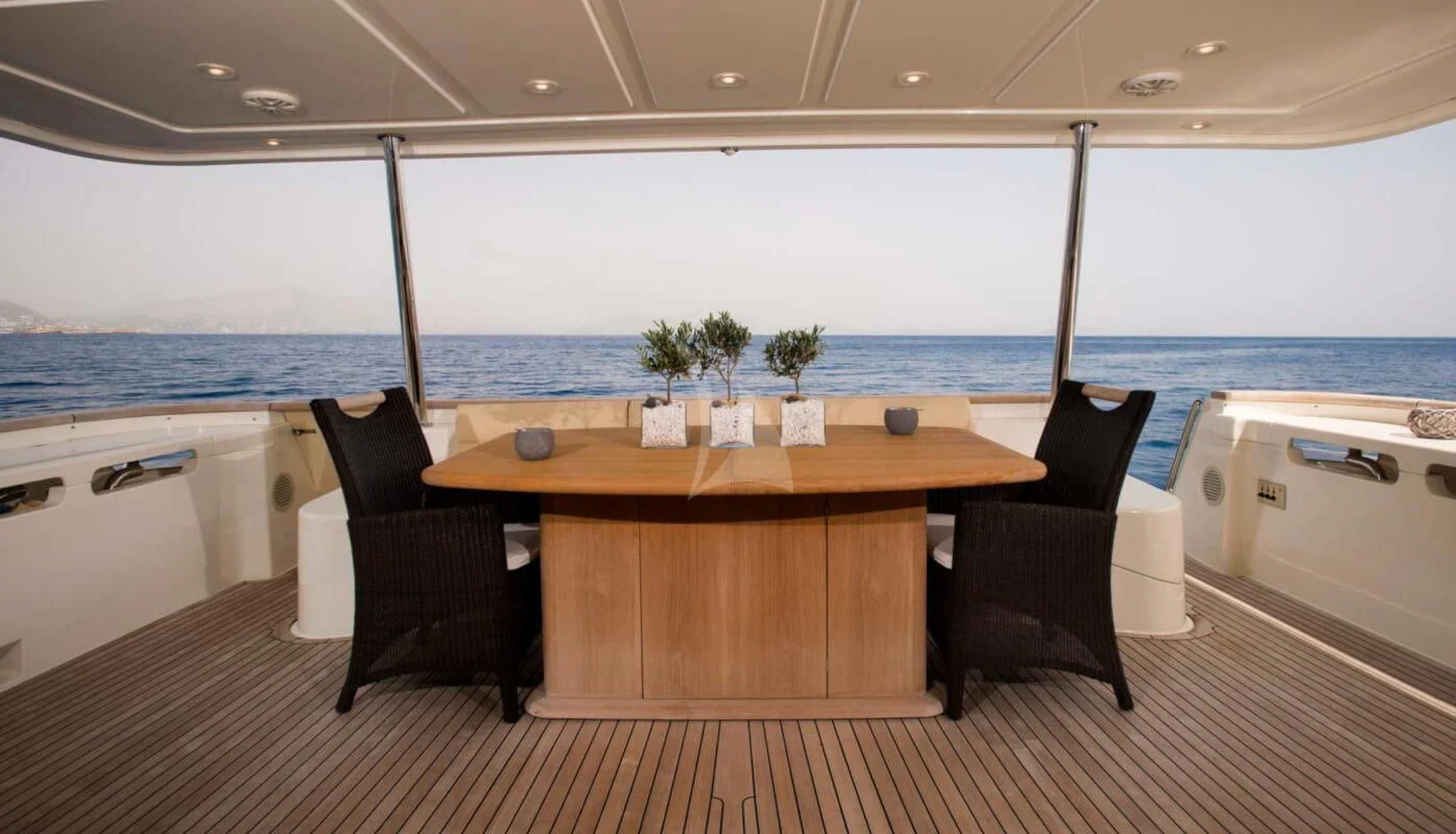 a table and chairs on a deck aboard DANA Yacht for Sale