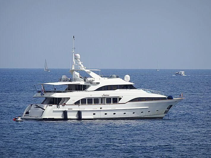 a white yacht in the water aboard SATINE Yacht for Sale