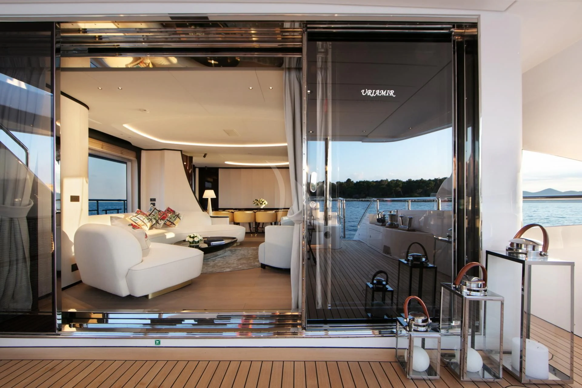 a modern looking living room aboard NAZ Yacht for Sale