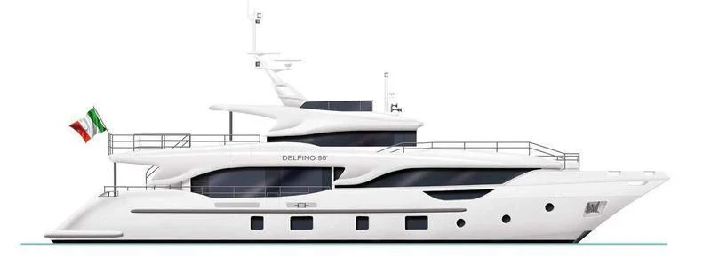 a white boat with a flag on it aboard NAZ Yacht for Sale