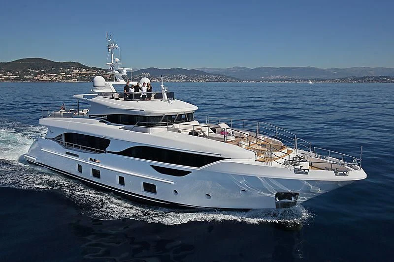 a white yacht on the water aboard NAZ Yacht for Sale