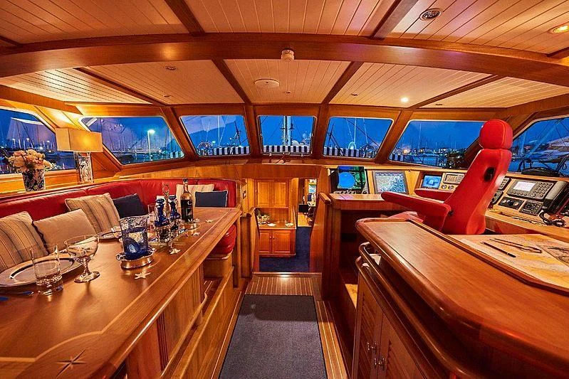 inside of a building with a bar and chairs and tables aboard ANAMCARA Yacht for Sale