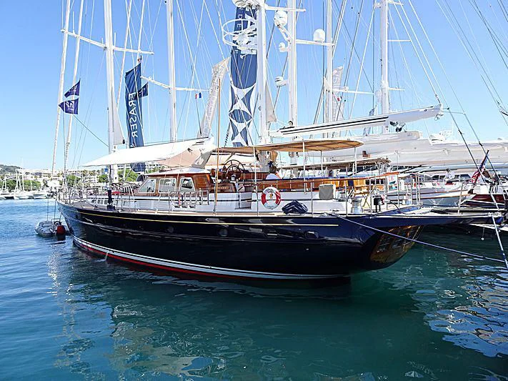 a large boat in the water aboard ANAMCARA Yacht for Sale