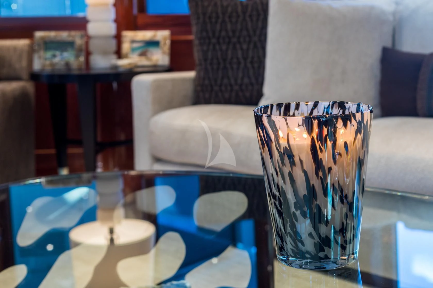 a vase with blue flowers aboard CHASING DAYLIGHT Yacht for Sale