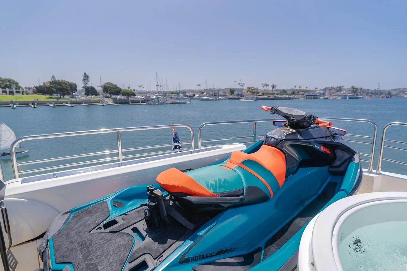 a boat with a blue and orange life vest on it aboard INDECENT PROPOSAL 4 Yacht for Sale