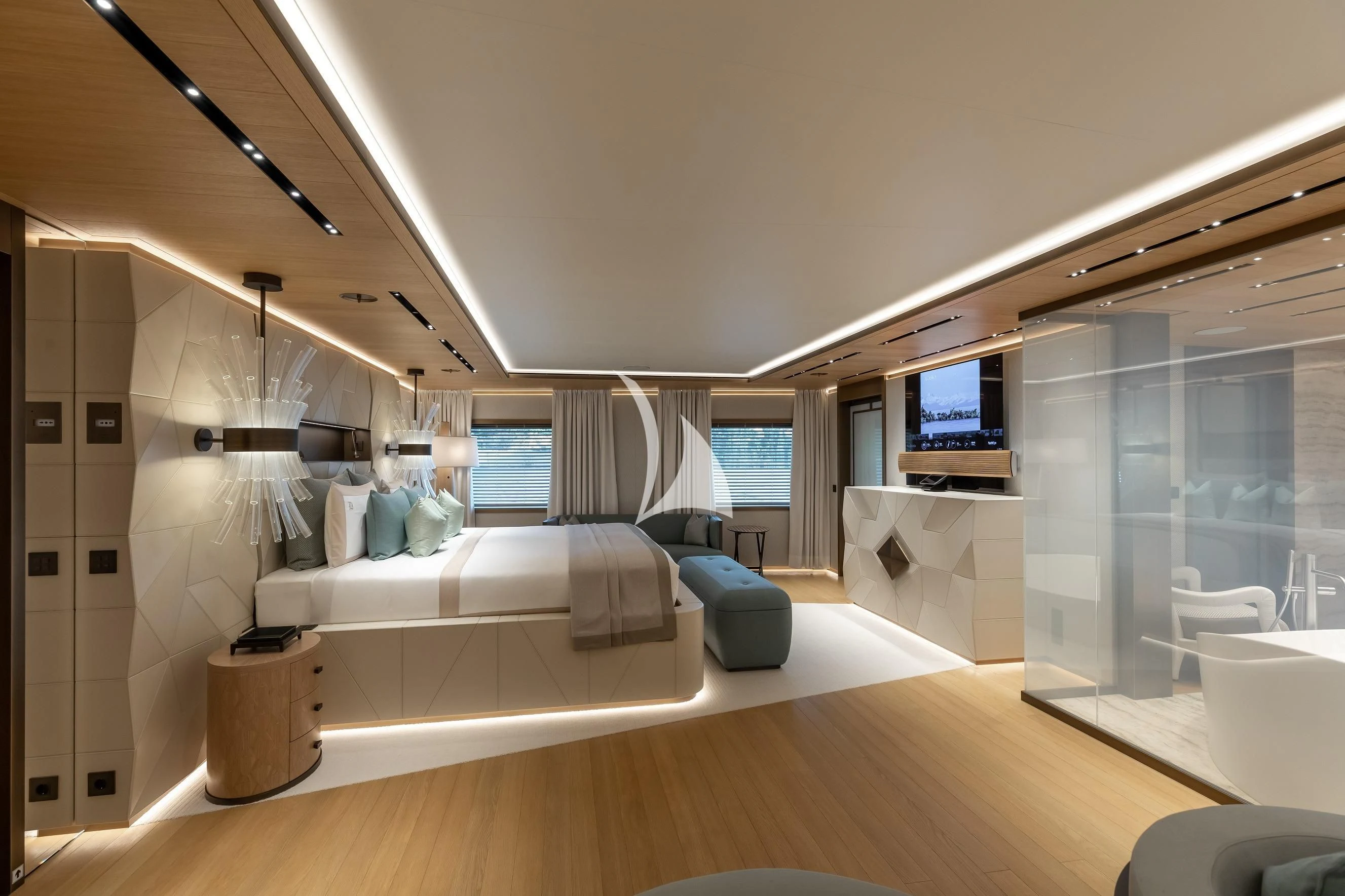 a room with a bed and a tv aboard LA DATCHA Yacht for Sale