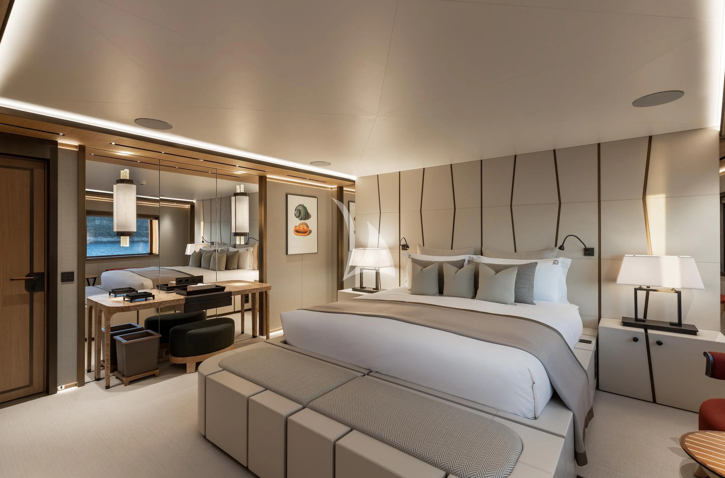 a hotel room with a bed and desk aboard LA DATCHA Yacht for Sale