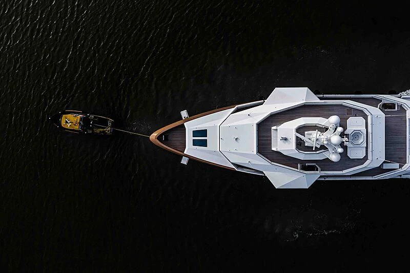 a space ship with a satellite in the background aboard LA DATCHA Yacht for Sale