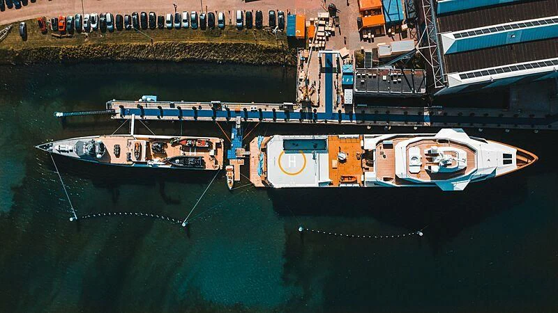 a large ship in the water aboard LA DATCHA Yacht for Sale