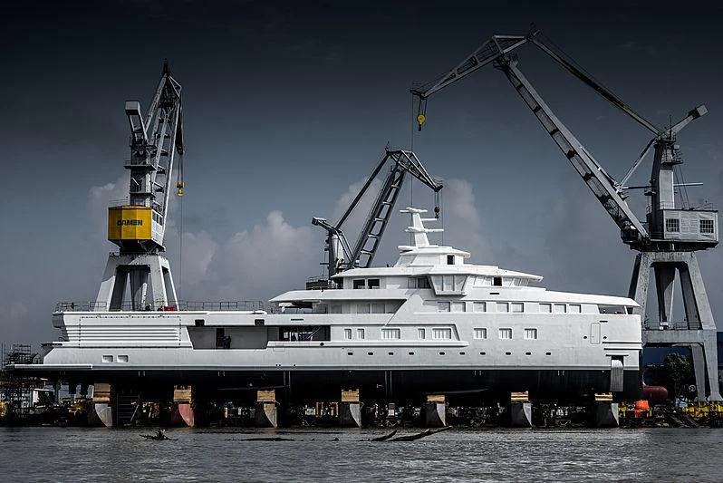 a large ship with a crane aboard LA DATCHA Yacht for Sale