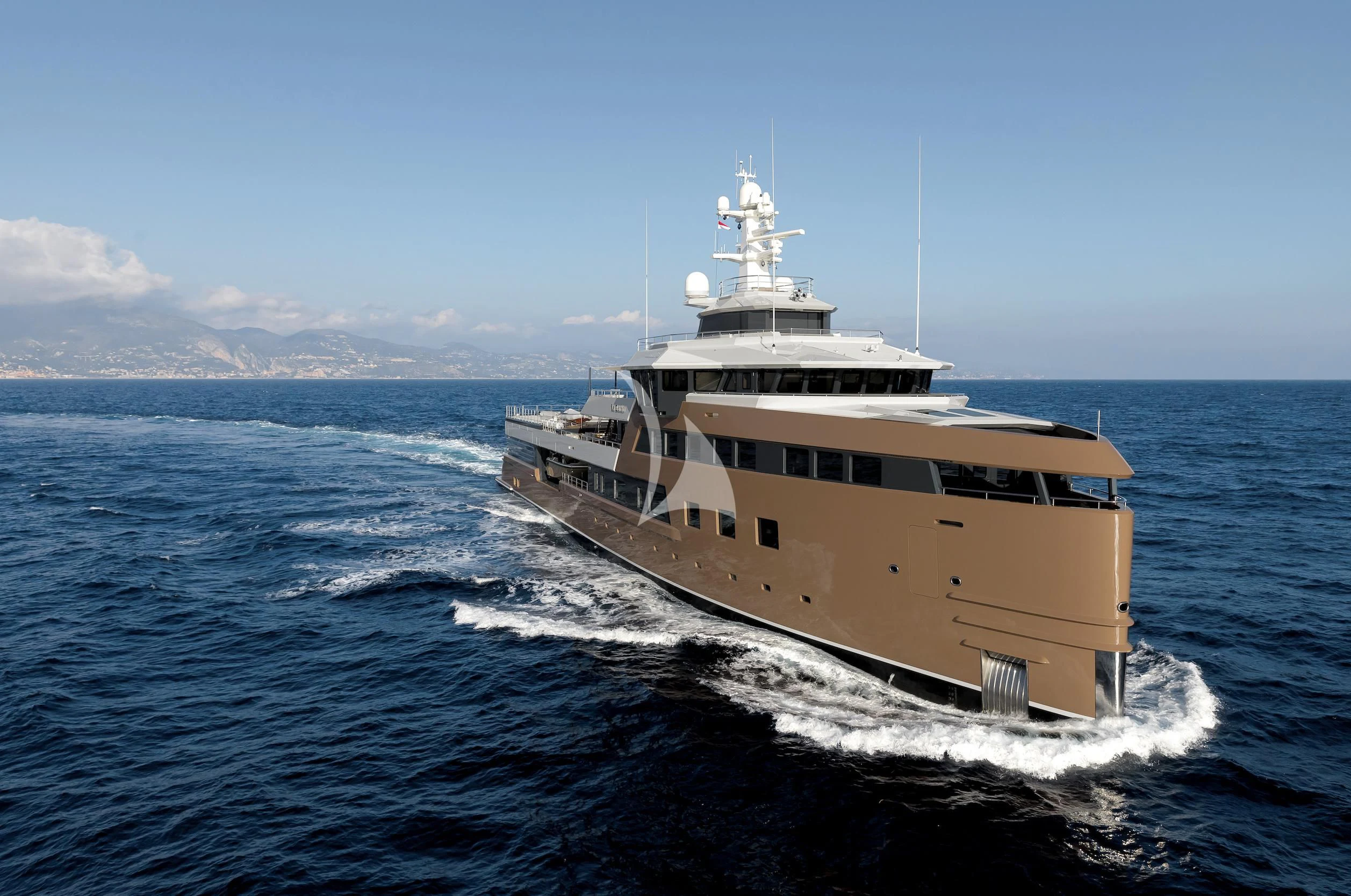 a large ship in the water aboard LA DATCHA Yacht for Sale