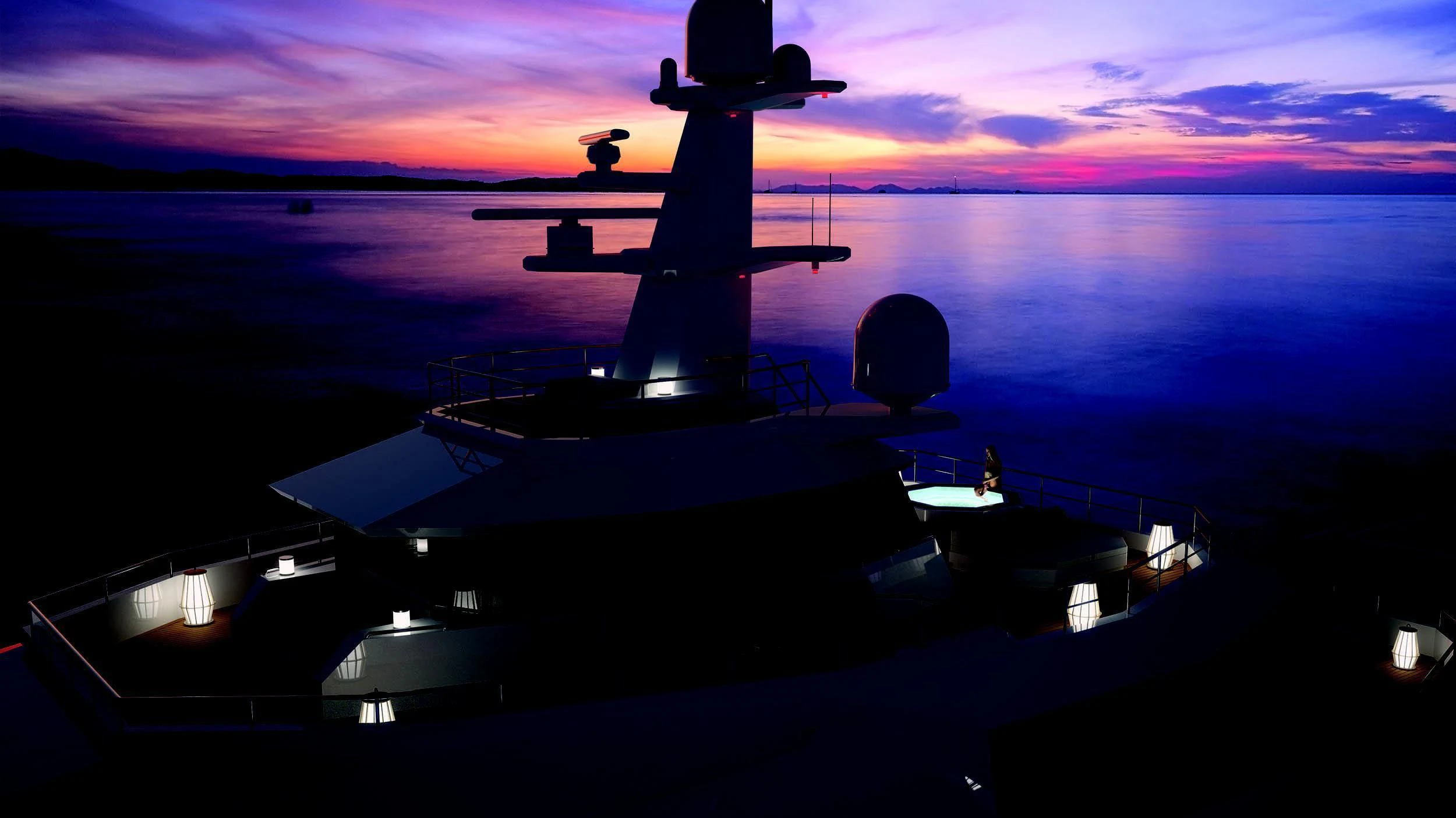 a silhouette of a helicopter on a rooftop at sunset aboard LA DATCHA Yacht for Sale