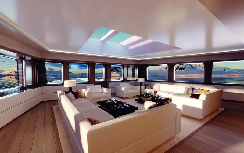 a living room with a large window aboard LA DATCHA Yacht for Sale