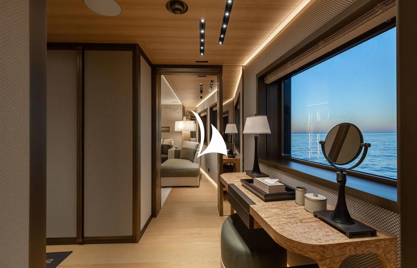 a room with a large window aboard LA DATCHA Yacht for Sale