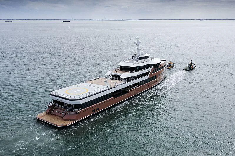 a large ship in the water aboard LA DATCHA Yacht for Sale