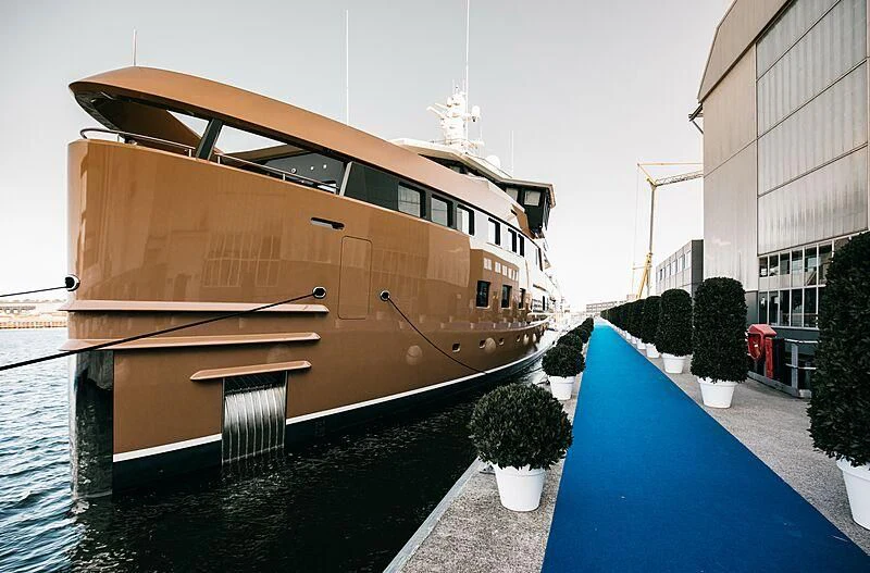 a boat docked at a pier aboard LA DATCHA Yacht for Sale